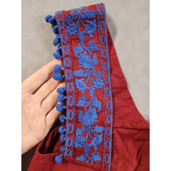 J Crew Tank Top Womens Size 00 Red Blue Embroidered Pom Pom Boho Peasant Hippie - Picture 3 of 10